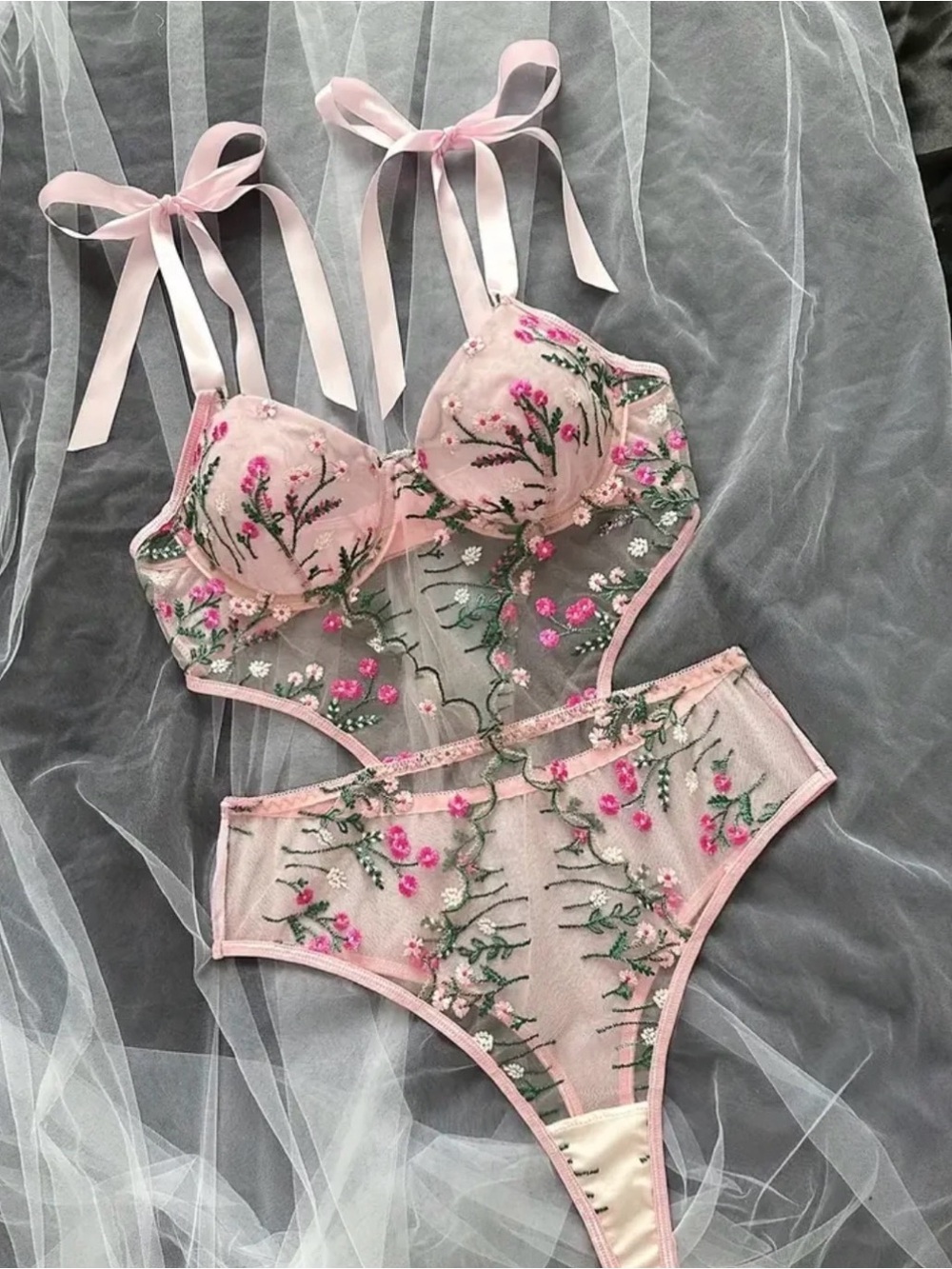 NWOT - Pink Floral Embroidered Teddy Bodysuit